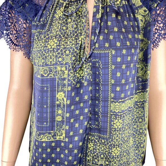 Current Air Anthropologie Top Size XS XSmall Bandana Print Blue Green Lace Sleev - Picture 5 of 10
